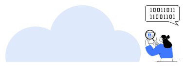 Bulut hesaplama konsepti. Bulut verileri büyüteç kullanılarak analiz edilir, ikili kod. Bulut bilgisayarı veri depolama, analiz ve dijital teknolojiyi geliştirir. Teknoloji, yapay zeka ve siber güvenlik için ideal.