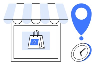 Geri dönüşüm, sürdürülebilir perakende, çevre bilinci alışverişi, yerel işletme, dağıtım zamanlaması, çevre bilinci. Bir mağaza önü, geri dönüşümlü çanta saati ve konum kodu. Geri dönüşüm ve sürdürülebilir