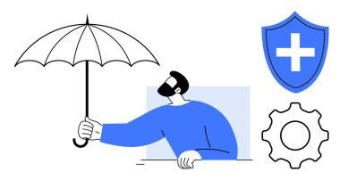 Sigorta, güvenlik, teknik destek, güvenlik, kişisel koruma, risk yönetimi. Elinde kalkan ve vites simgeleriyle şemsiye tutan biri. Sigorta ve güvenlik kavramsal fikri