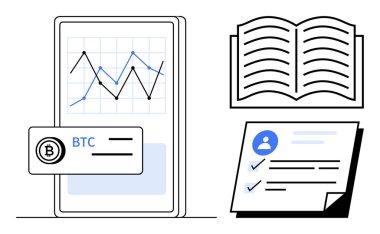 Smartphone BTC etiketli Bitcoin grafiğini gösterir, açık kitap öğrenmeyi ön plana çıkarır ve kontrol listesi görev yönetimini sembolize eder. Kripto para birimi, analiz, eğitim, finans, strateji ve öğrenim için ideal