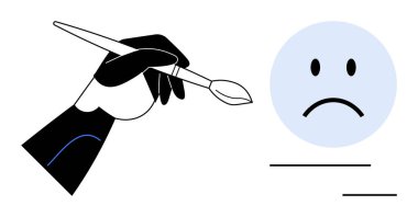 Sanat konsepti. Resim öğeleri, fırça tutan bir eli, üzgün bir yüz ikonunu, duygusal ifadeyi ve yaratıcılığı gösteriyor. art oterapi, duygular, iletişim, zihinsel sağlık, tasarım