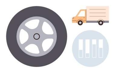 Lojistik, ulaşım verimliliği ve veri analizi fikirlerini aktaran geniş araç çarkı, kamyon grafiği ve analitik çizelgesi. Lojistik, dağıtım, iş, ulaşım verileri için ideal