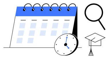 Spiral takvim, saati gösteren saat, büyüteç ve mezuniyet şapkası planlama, takvim, eğitim, araştırma, başarı zamanı yönetimi ve verimliliği simgeliyor. İdeal