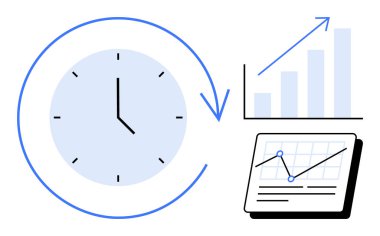 Dairesel oklu saat, performans takibi için yükselen bar tablosu ve çizgi grafiğiyle eşleştirilmiş zaman yönetimini sembolize eder. Üretkenlik, verimlilik, strateji planlaması, analitik ve hedef için ideal