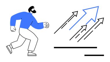 İş geliştirme, kariyer büyümesi, motivasyon, fırsat arayışı, hedef başarı, ilerleme. Gelişmeyi ve başarıyı gösteren yukarı doğru koşan kişi. İş büyümesi