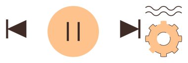 Çalma ve durdurma düğmeleri, ses dalgaları ve teçhizat medya kontrolü, ayarlar ve kişiselleştirmeyi sembolize eder. Teknoloji için ideal, müzik akışı, kullanıcı arayüzü, oyun ayarlama ve basit düz