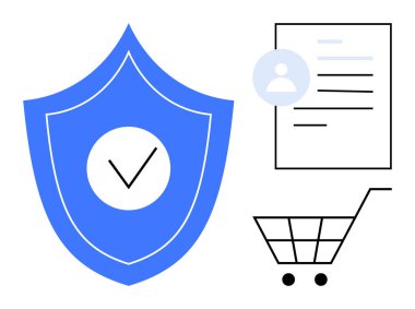 E-ticaret, online alışveriş, veri koruması, kimlik doğrulama, siber güvenlik, kimlik doğrulama. İşaretli kalkan, profil simgesi alışveriş arabası belgesi. E-ticaret ve veri koruması