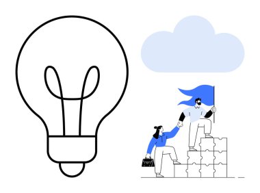 Takım çalışması, liderlik gelişimi, yenilik, bulut hesaplama, hedef başarısı, problem çözme. Büyük bir ampul, bulutlar ve bireyler bulmaca bloklarına tırmanıyor. Takım çalışması ve liderlik fikirleri