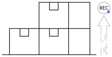 Lojistik, depolama, tedarik zinciri, organizasyon, video izleme, ambalaj. Yukarı doğru ok ve kayıt sembolüyle istiflenmiş kutular. Bu elementlerle lojistik ve depolama kavramları