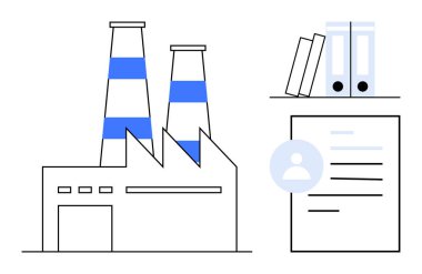 İş operasyonları, şirket yönetimi, endüstriyel üretim, belgeler, ofis işleri, veri arşivleme. Baca, dosya ve kullanıcı profili olan bir fabrika. Şirket yönetimi