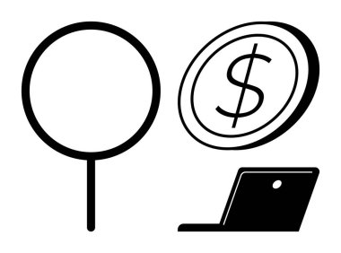 Finans, online alışveriş, teknoloji, para transferi, veri analizi, yatırım. Bir büyüteç, dolar sembolü ve dizüstü bilgisayar ikonu. Finans ve çevrimiçi alışveriş temalı kavramsal tasarım