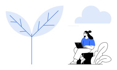 Sürdürülebilirlik kavramı. Sürdürülebilirlik, bitki grafikleri ve teknolojiyi kullanan bir kişi ile resmedilir. Sürdürülebilirlik yenilik için doğa ve modern teknolojiyi birbirine bağlar. Ekoloji ve uzak çalışma için ideal