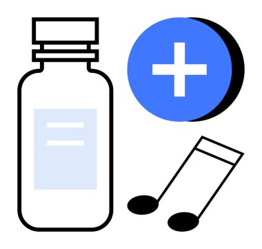 Tıbbi konsept. Tıbbi öğeler arasında bir şişe, mavi haç simgesi ve müzik notaları var. Tıbbi görüntüler, sağlık, iyileşme, sağIık ve terapi. Sağlık hizmetleri, sağlık terapisi, sağlık...