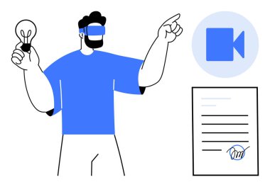 Sanal gerçeklik, yenilikçi teknoloji, dijital iletişim, yaratıcılık, uzaktan işbirliği, gelecekteki fikirler. VR kulaklığı, ampul belgesi ve video ikonu olan bir adam. Sanal gerçeklik ve yenilikçi