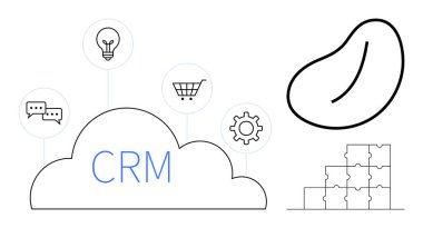 CRM konsepti. Bulut çözümleri, e-ticaret ve yenilik sembolleriyle CRM 'ye odaklanın. CRM araçları müşteri ilişkileri yönetimi ve iş zekasını geliştirir. Pazarlama ve işbirliği için.
