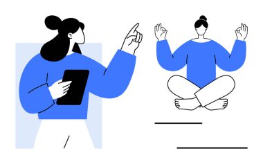 Farkındalık, dijital sağlık, meditasyon, iş-yaşam dengesi, özbakım, iç huzur. Meditasyon yapan bir figürün yanında tablet tutan bir kadın. Dijital sağlık ve farkındalık kavramı