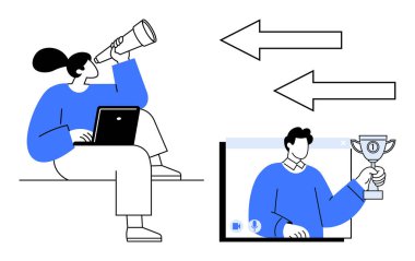 İş kadını dizüstü bilgisayar ve teleskop kullanıyor. İnternetteki bir toplantıda elinde kupa olan bir adamla bağlantı kuruyor. Takım çalışması için ideal, uzak çalışma, sanal başarı, iletişim, hedef başarı, iş