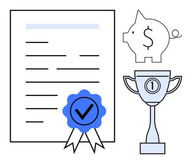 Finansal başarı kavramı. İşaretli sertifika, domuz kumbarası, kupa biriktirme, başarı ve tanınma. Mali planlama, başarı, yatırım eğitimi motivasyonu