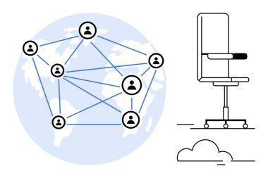 Uzaktan çalışma, küresel işbirliği, iletişim, iş gücü bağlantıları, uluslararası ekip, online toplantılar. Ofis sandalyeli insanlar tarafından birbirine bağlanan dünya çapındaki ağın tasviri. Uzak çalışma