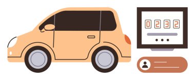 Araç, kilometre sayacı ve kullanıcı profili simgesi içeren dijital gösterge panelinin yanında. Ulaşım, araba paylaşımı, dijital teknoloji, kilometre takibi, araç kiralama, sürücü bilgileri, basit daire bilgileri için ideal