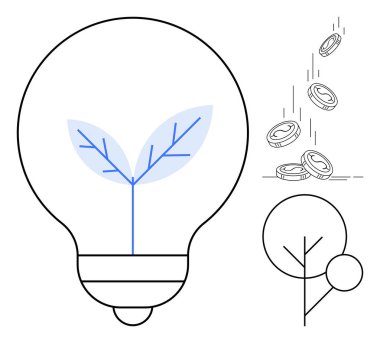 Sürdürülebilirlik, eko-ticaret, yenilenebilir enerji, yatırım kavramları, yeşil ekonomi, yenilik. Çiçekli minimalist ampul, bozuk paralar ve bir ağaç. Sürdürülebilirlik ve eko-ticaret