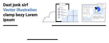 Veri analizi, bulut depolama, iş yönetimi, iş akışı optimizasyonu, dijital organizasyon, veri güvenliği. Kontrol listesi, bulut ve grafik grafikleri olan tablet. Veri analizi ve bulut deposu