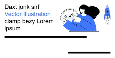 Yenilik, liderlik, yaratıcılık, ilerleme, teknoloji, tasarım kavramları. Arka planda mavi roket olan direksiyon tutan bir kadın. İlerleme için yenilik ve liderlik kavramı