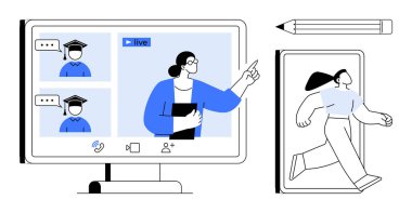 Eğitim, sanal iletişim, e-öğrenme, uzaktan çalışma, dijital araçlar, yaratıcı öğrenme. Öğrencilerle görüntülü görüşme yapan bir öğretmen ve telefon ekranından çıkan bir koşu figürü. Eğitim ve sanal