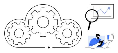 Bulut hesaplama, veri analizi, dijital optimizasyon, kullanıcı bağlantısı, teknoloji hizmetleri, yönetim sistemleri. Bulutlu vites, grafikçi üzerinde büyüteç geri bildirim veriyor. Bulut hesaplama