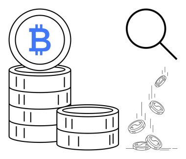 Kripto para birimi, yatırım analizi, engelleme teknolojisi, finansal güvenlik, dijital para birimi, servet takibi. Bozuk para yığınları ve düşen paraların üzerindeki Bitcoin sembolü. Kripto para birimi ve yatırım