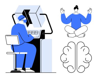 Yapay zeka, meditasyon, nöroloji, stres yönetimi, bilimsel araştırma, kişisel gelişim. Bir bilim adamı ekipman kullanır, bir insan meditasyon yapar ve bir beyin yapar. Yapay