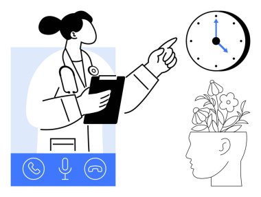 Sanal sağlık seansı sırasında panosu olan doktor, zaman yönetimini vurgulayan saat, zihinsel sağlık, büyüme ve farkındalığı sembolize eden çiçek açan bitkilerle dolu insan kafası. Teletıp için ideal