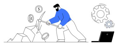 Kripto para birimi, dijital ekonomi, engelleme teknolojisi, finansal yenilik, otomasyon, madencilik süreci. Kazma, dizüstü bilgisayar ve vites simgeleriyle madeni para çıkaran biri. Kripto para birimi ve dijital