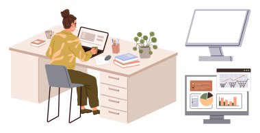 İşçi masada bilgisayar, kahve, kitap, bitki ve grafiklerle oturuyordu. Üretkenlik için ideal, uzak çalışma, veri analizi, iş organizasyonu ofis hayatı basit düz metafor