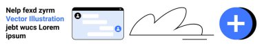 İletişim araçları, dijital uygulamalar, modern arayüz, minimalizm, medya tasarımı, kullanıcı dostu yerleşimler. Tarzlı bir sohbet kutusu, soyut bir şekil ve koyu mavi artı işareti. İletişim araçları