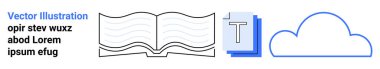 Çevrimiçi öğrenme, dijital eğitim, bulut depolama, bilgi paylaşımı, okuma platformları, metin işleme. Açık kitap, metin bulutu simgesi. Çevrimiçi öğrenim ve dijital eğitim kavramı
