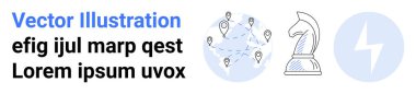 İş stratejisi, lojistik, karar verme, güç, navigasyon, planlama. Yuvarlak harita, çiviler, satranç şövalyesi ve cıvata sembolü. Lojistik ve karar verme kavramsal fikri