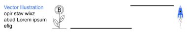 Finans, yatırım, girişim, yenilik, iş büyümesi, başarı. Madeni para ikonu ve minimalist mavi roketli bir bitki. Büyüme ve yeniliğe odaklı finans ve yatırım kavramı