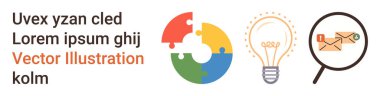 Problem çözme, iletişim, takım çalışması, yenilik, analitik, dijital mesajlaşma. Dairesel yapboz tasarımı, ampul ve büyüteçli zarf. Takım çalışması ve iletişim sembolleri