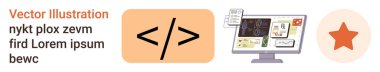 Web geliştirme, programlama, kodlama dersleri, yazılım arayüzü, UI tasarımı, dijital öğrenme. Kodlama sembolü, tasarım araçları ve yıldız simgesi ile izleme. Web geliştirme ve programlama görselleri