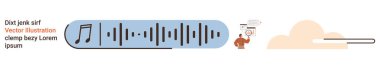 Ses düzenleme, bulut depolama, dijital müzik, yayın, podcast, ses işleme. Müzik notalı, bulut grafikli ve resimli karakterli mavi ses dalgası barı. Ses düzenleme ve bulut depolama