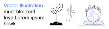 Çevre eğitimi, sürdürülebilirlik, büyüme, küresel öğrenme, bilgi paylaşımı, refah. Bir bitki filizi, yukarı doğru oklar ve açık bir kitabın üstünde dünya. Çevre eğitimi ve sürdürülebilirliği