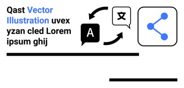 Dil öğrenme, küreselleşme, iletişim, çeviri, dijital paylaşım, teknoloji. Oklar konuşma baloncuklarını metin ve paylaşım simgesine bağlar. Dil çevirisi ve iletişim konsepti