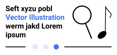 Metin, büyüteç, nota ve etkileşimli noktalar içeren minimalist tasarım. Arama, yaratıcılık, keşif, müzik, minimalizm teknolojisi ve basit iniş sayfası için ideal