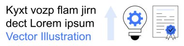 İş geliştirme, yenilik, sertifika, başarı, fikri mülkiyet, gelişim süreci. Teçhizatlı ampul simgesi, yukarı doğru ok sertifikalı belge. Yenilik ve sertifika
