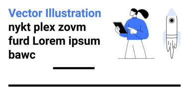 Girişim büyümesi, teknoloji yeniliği, iş çözümleri, girişimciler, tasarım kavramları, gelecek planları. Roket ikonlu tablet tutan bir profesyonel. Başlangıç büyümesi ve teknoloji kavramları