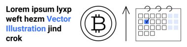 Kripto para birimi piyasası, engelleme teknolojisi, finansal planlama, yatırım fırsatları, dijital ekonomi, ödeme sistemleri. Bitcoin sembolü, yukarı doğru ok işaretli takvim. Kripto para birimi pazarı
