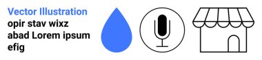 Dijital medya, iletişim, ticaret, çevre, ses kaydı, sürdürülebilirlik için görsel unsurlar. Su damlası, mikrofon dükkanı ikonu. İletişim ve ticaret görsel olarak