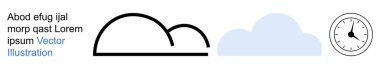 Zaman yönetimi, hava tahmini, programlama, soyut tasarım, bulut depolama, dijital. Dekoratif unsurları olan basit bir soyut bulut ve saat sembolü. Zaman yönetimi ve hava tahmini