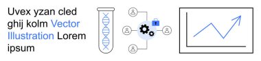 Biyoteknoloji, veri güvenliği, iş büyümesi, bilgi paylaşımı, DNA araştırması, bağlantı. DNA 'lı test tüpü, yukarı doğru giden ağ simgeleri. Biyoteknoloji ve veri güvenliği odağı